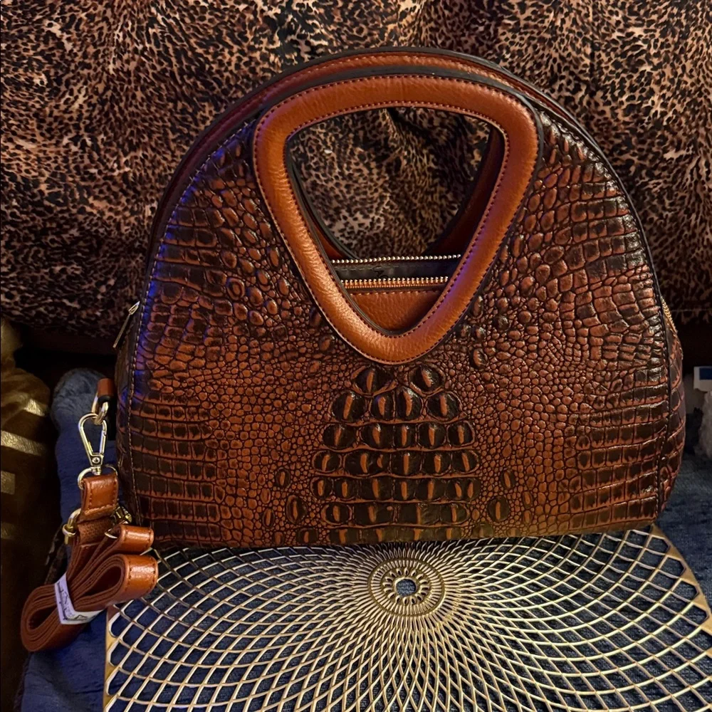 Brown Croc-Embossed Dome Satchel with Top Handle and Detachable Strap - Picture 6 of 7